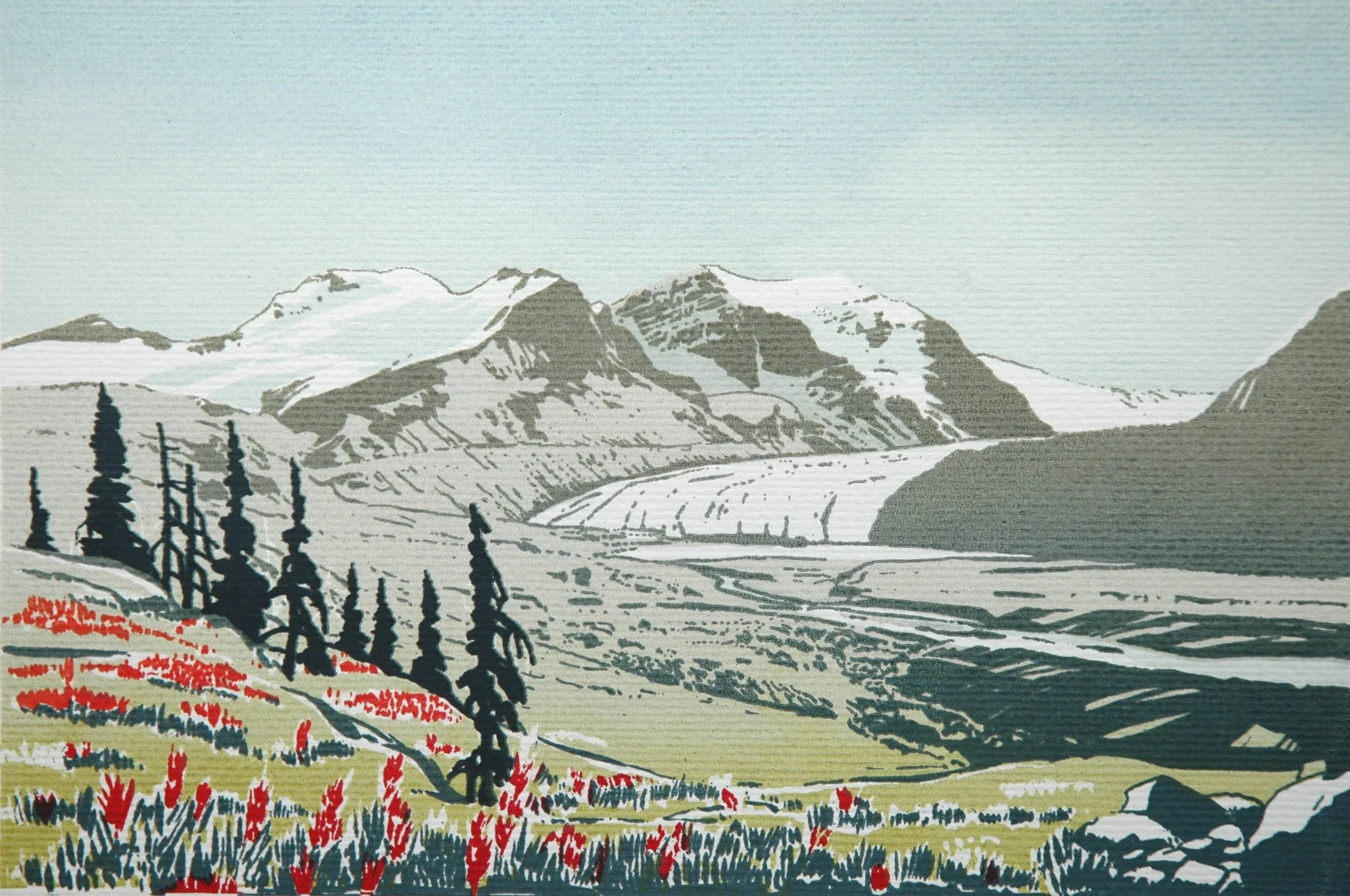 Athabasca Glacier, Banff National Park, Alberta (rare, not editioned), 1963, serigraph on paper, 6 x 9 inches (15 x 23 cm), framed, sold.