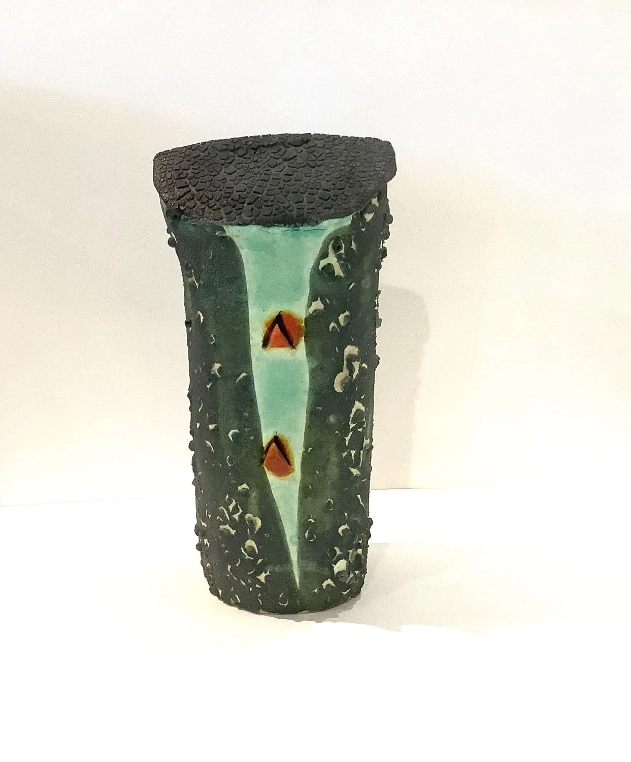 Double Red Enquiry, c. mid 1990s, hand built, multiglazed, multifired, 9 x 3.5 x 3.5 inches (23 x 9 x 9 cm), $2200 Cdn.