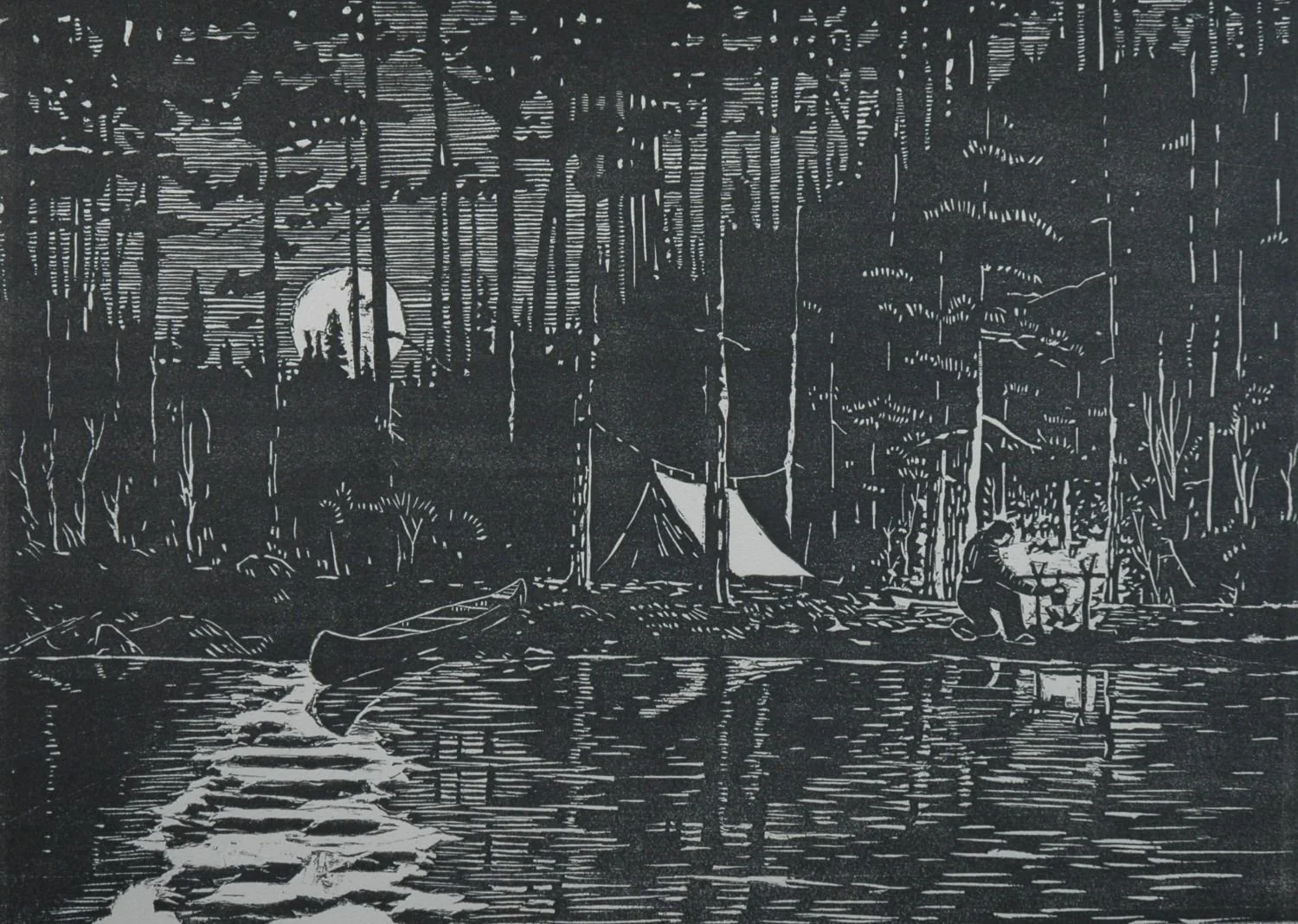 Camp Site, 1988, ed. 30, woodblock/paper, 10 x 14 inches, one remaining in the collection, framed, $595 Cdn (unframed $395 Cdn).