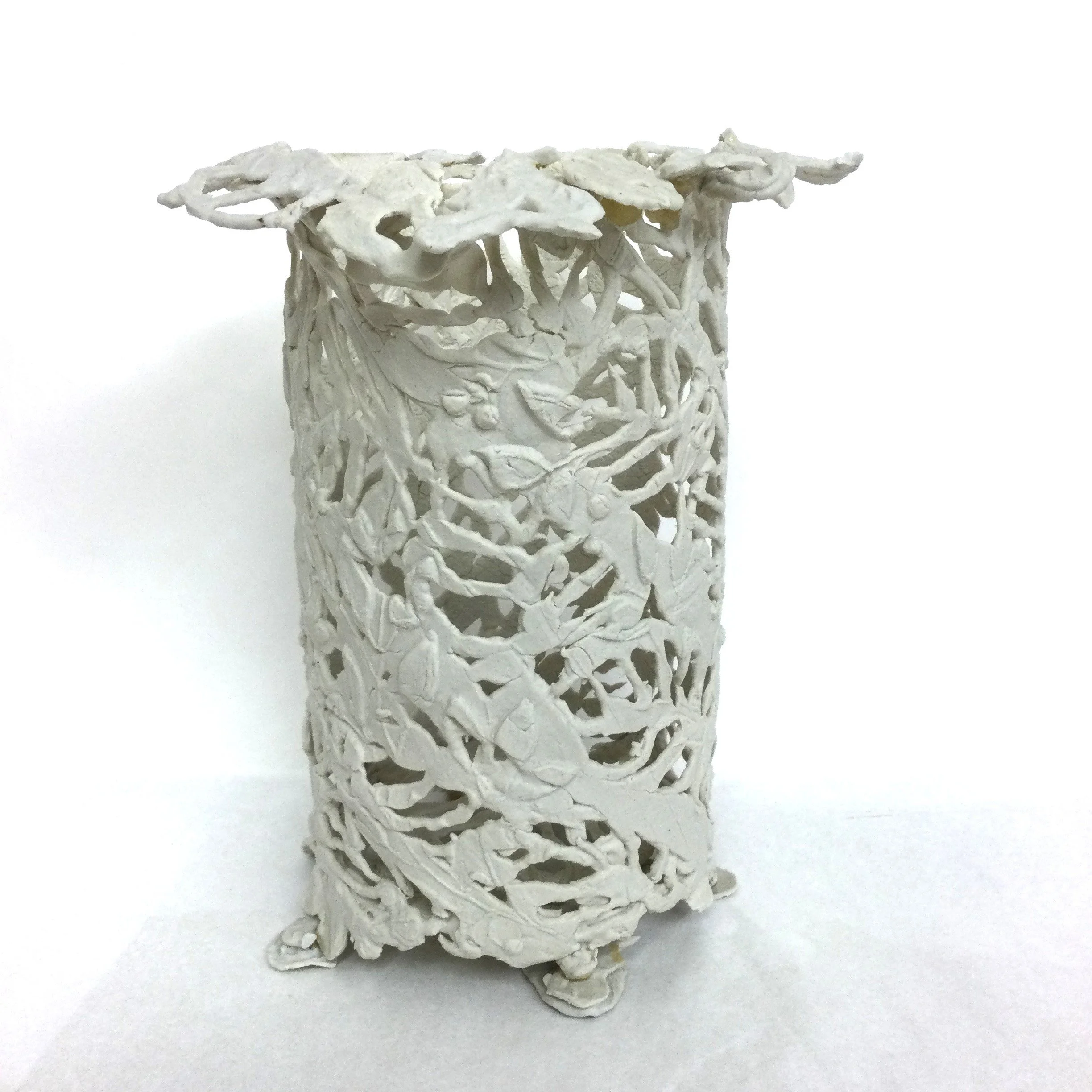 Rimmed Cylinder with Poplar Leaves (cat#16.2), 2016, cone 10 hand modelled porcelain, 8 x 6 x 6 inches (20 x 15 x 15 cm), $375 Cdn.