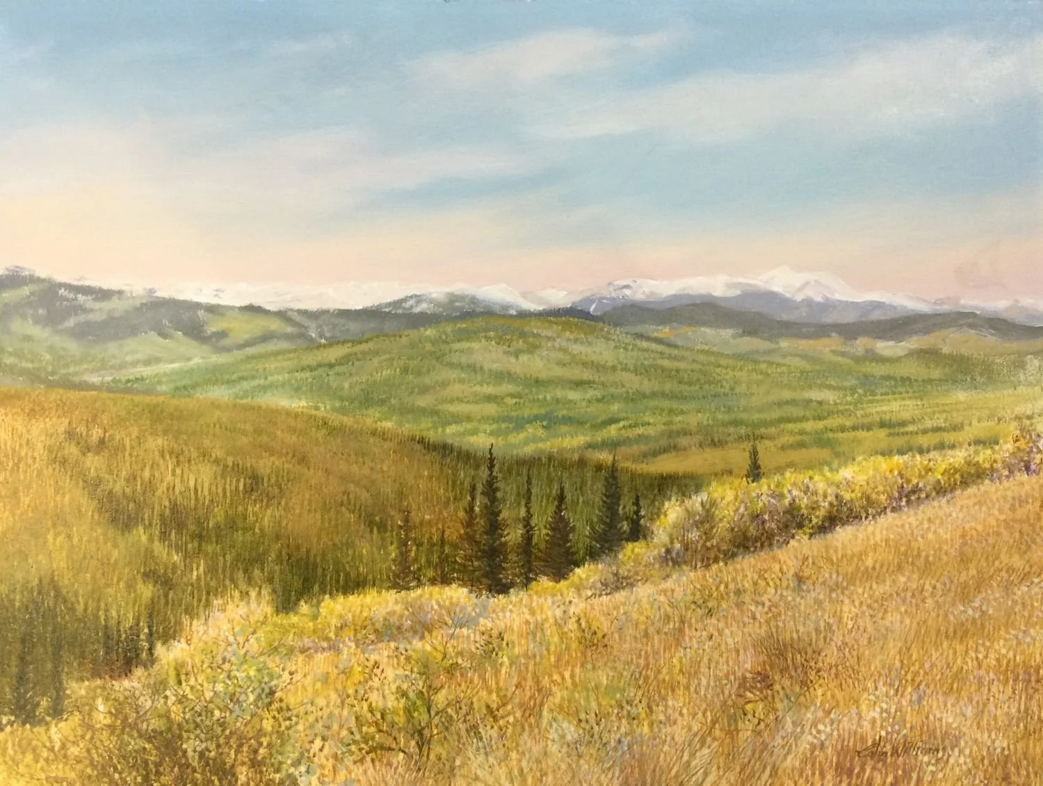 Foothills, Fall (#1420), c.1989, oil on panel, 12x16 inches (31x41cm), provenance: Calgary Collection, framed, $1350 Cdn.