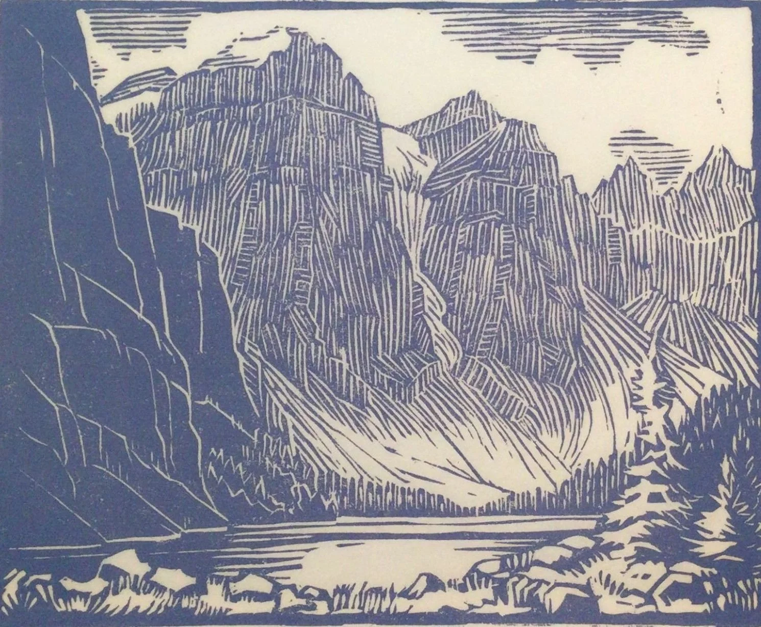 Moraine Lake (#161P), 1980, linocut in one colour (blue), 4.5 x 5.5 inches (11.5 x 14 cm), titled, signed, dated, framed, $1100 Cdn.