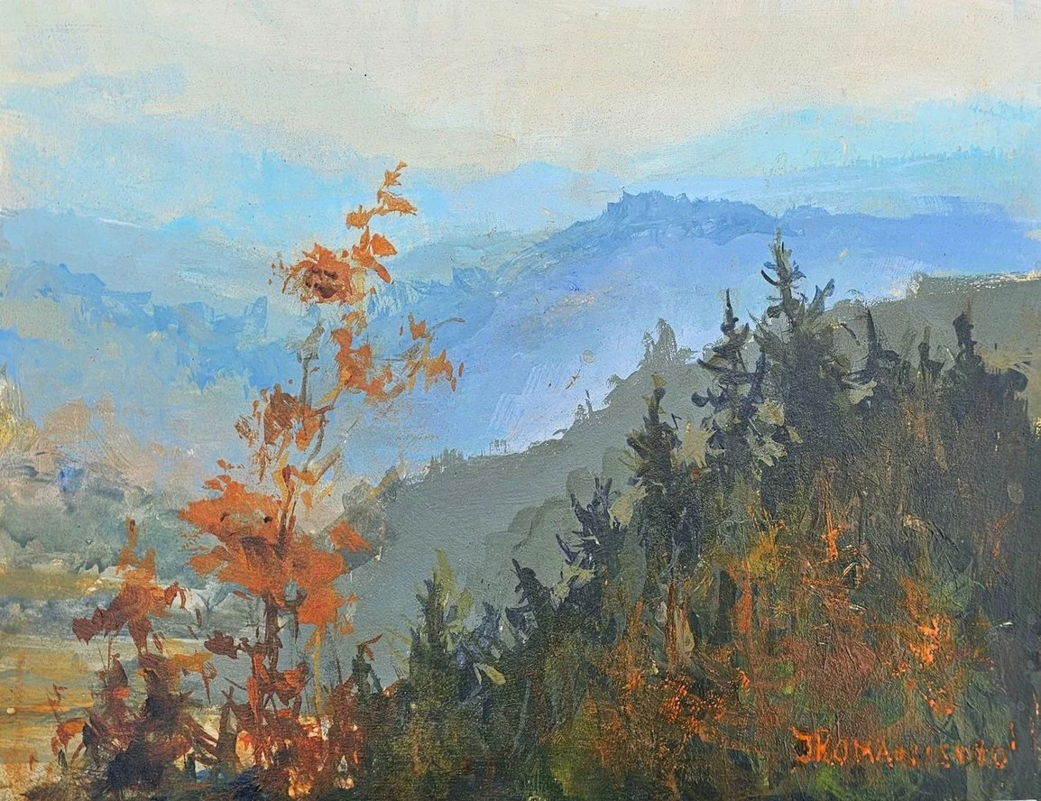 Where the Hills Fade (#25.10.1), 2025, acrylic plein air/panel, 8x10 inches (20.5 x 25.5 cm), $350 Cdn.