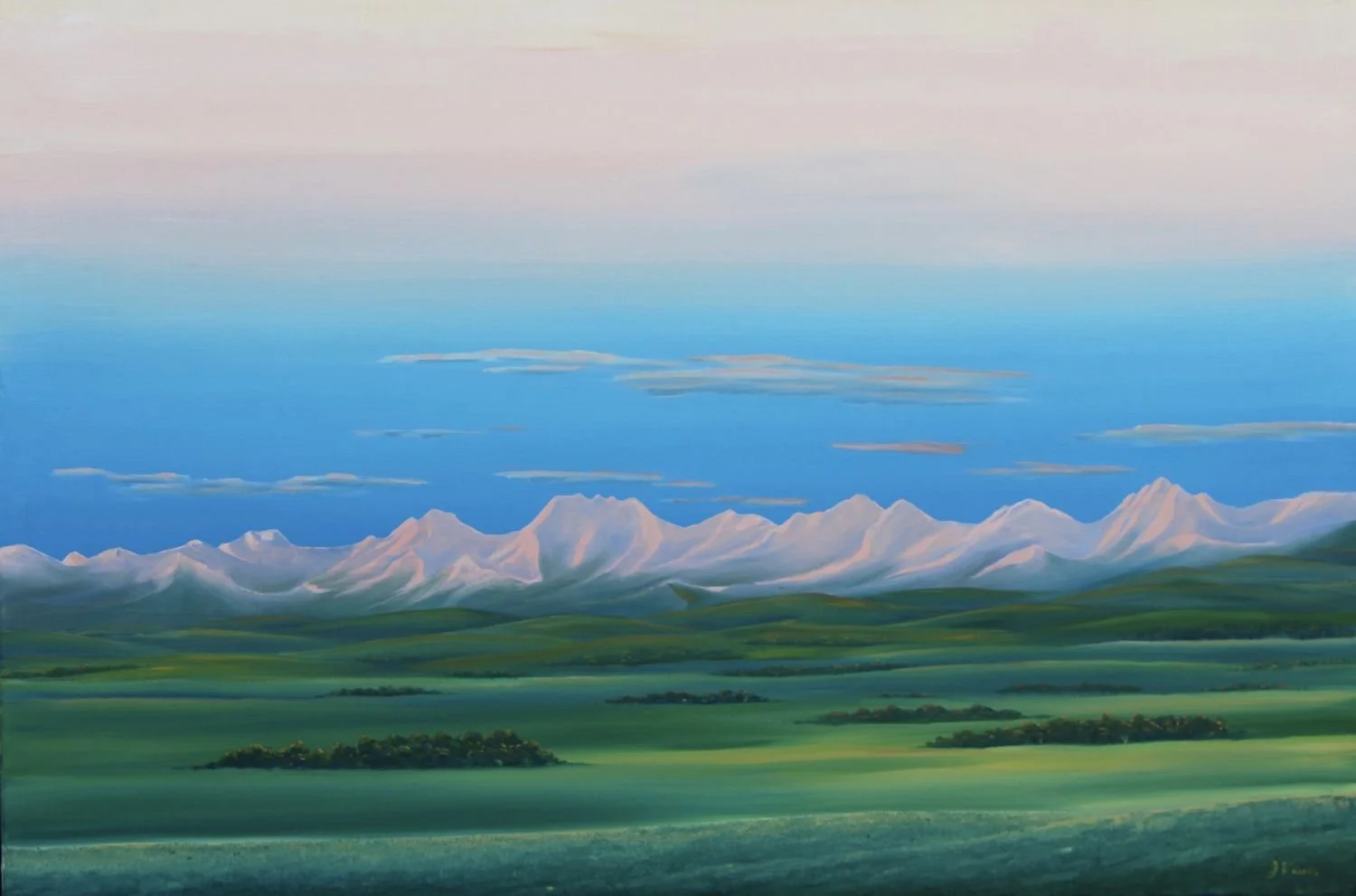 Morning Mountain View (#26.5.12), 2026, oil on linen canvas, exhibition frame, 24 x 36 inches (61 x 91.5 cm), $3150 Cdn.