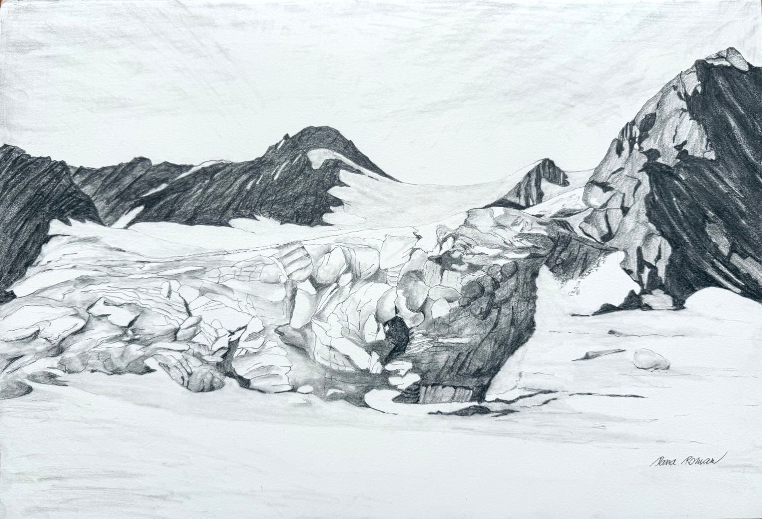 Glacier (#26.6.1), 2026, graphite on hot press Arches paper, 11 X 16 inches (28 x 41 cm), framed, $400 Cdn.