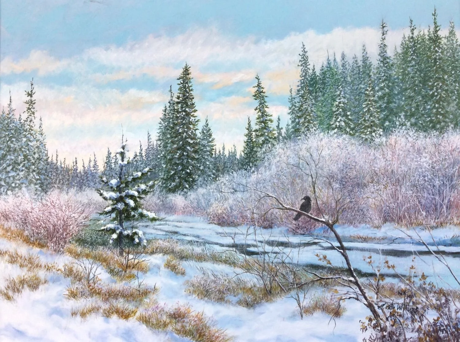 Winter Creek With Crow, oil on canvas, 18 x 24 inches (46 x 61 cm), $4100 Cdn.