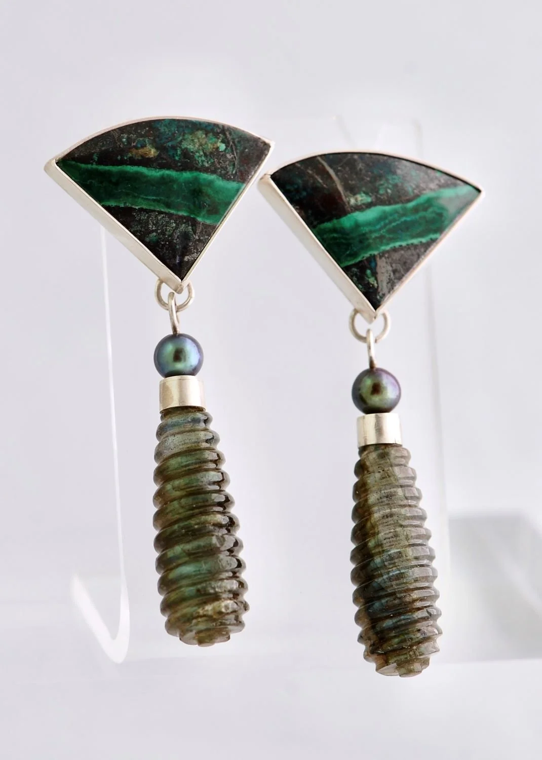 Labradorite Drop Earrings (NE43), 2019, sterling, cuprite chrysocolla, pearls, 2.5 x 1 inches (6.5 x 2.5 cm), sold.