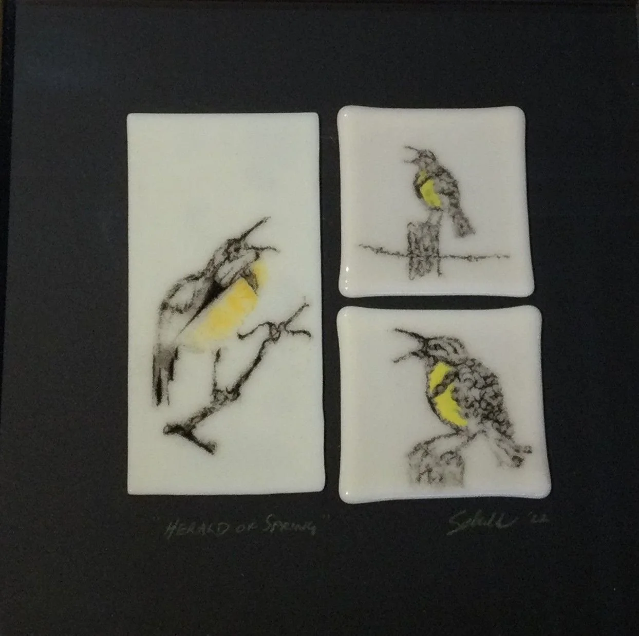 Meadowlark Trio, 2023, fused glass, 6 x 6" (15 x 15 cm), mounted and framed, sold.