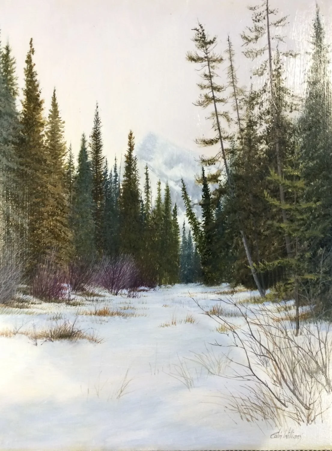 Mount Rundle, Banff (#A451/1431), c.1989, oil/panel, 16x12 inches (41x31cm), framed, provenance: private collection Calgary, a portion of the sale of this work is donated to the Calgary Foundation, $1350 Cdn.