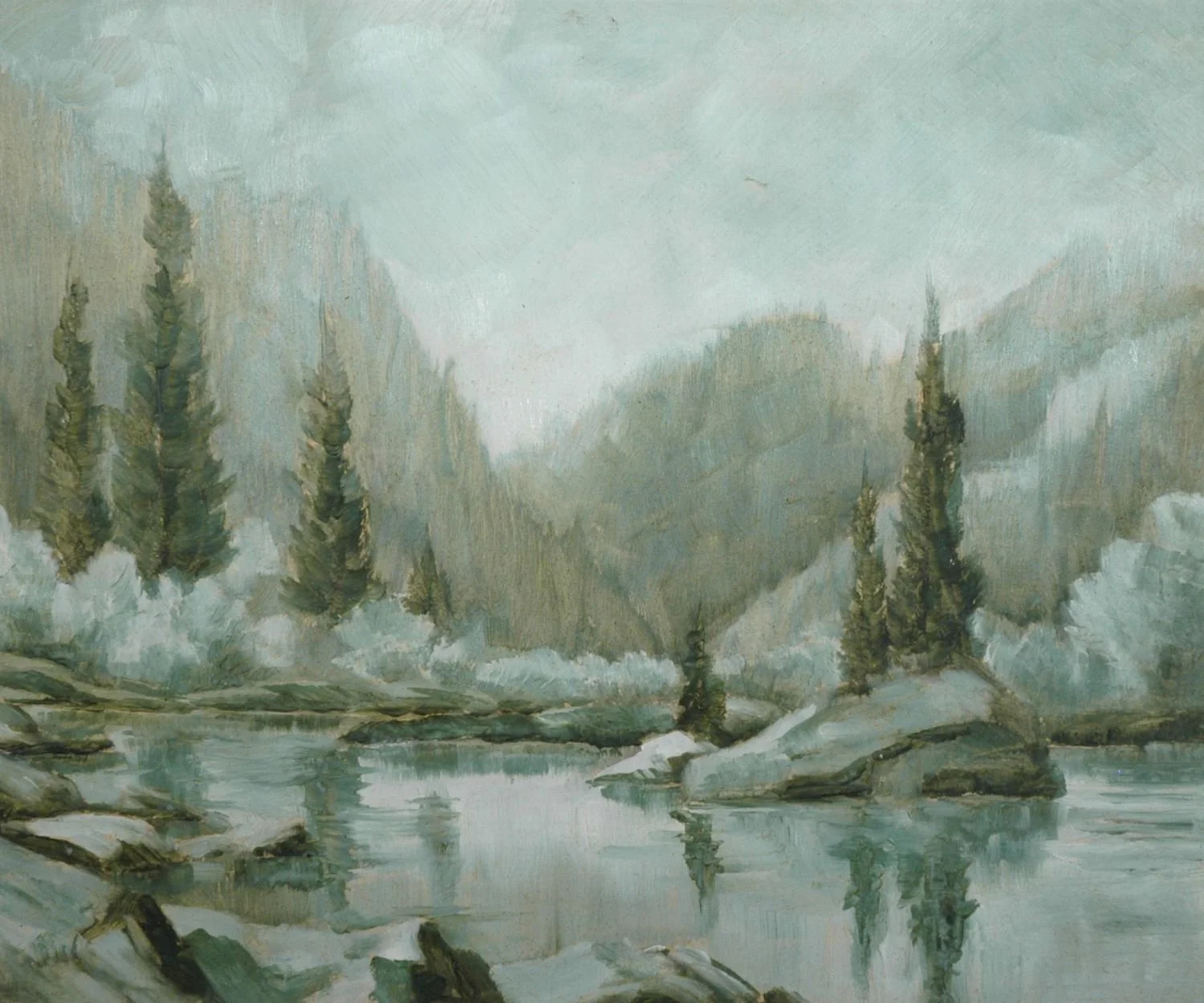 Study In Green (River Scene, Banff), n.d., oil on panel, 10 x 12 inches (25.5 x 30.5 cm), not signed, provenance: artist's estate, original frame, sold.