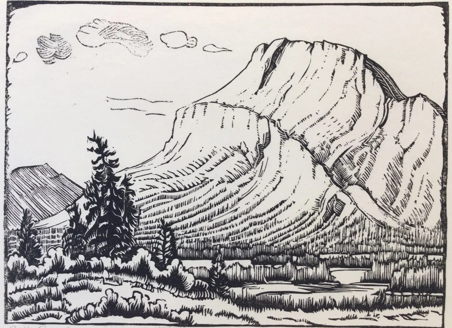 Mount Rundle at Dawn (#67bP), 1942, linocut one colour, 5.75 x 7.75 inches (14.5 x 19.7 cm), framed, $1450 Cdn.
