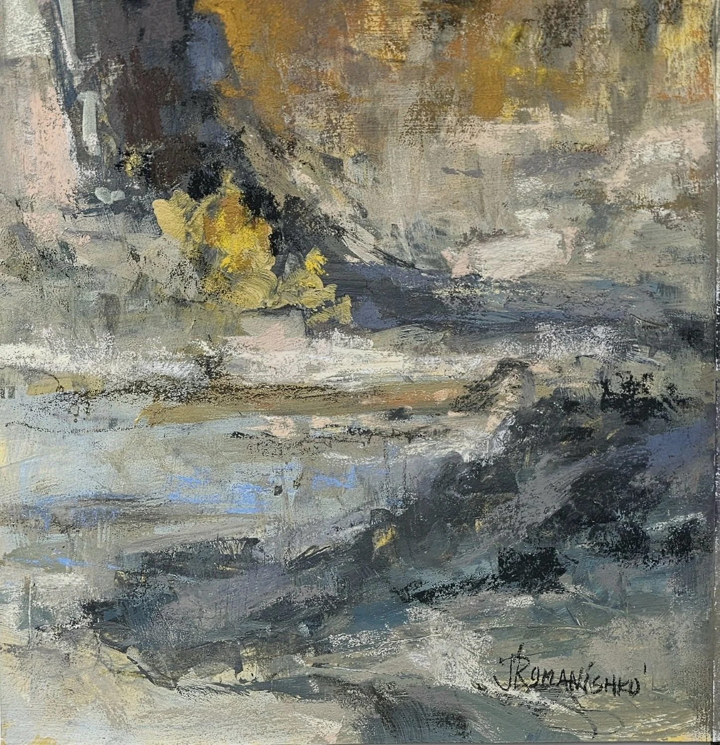 Fall Abstraction, 2024, pastel on paper, 10 x 10 inches (25.5 x 25.5 cm), framed, $400 Cdn.