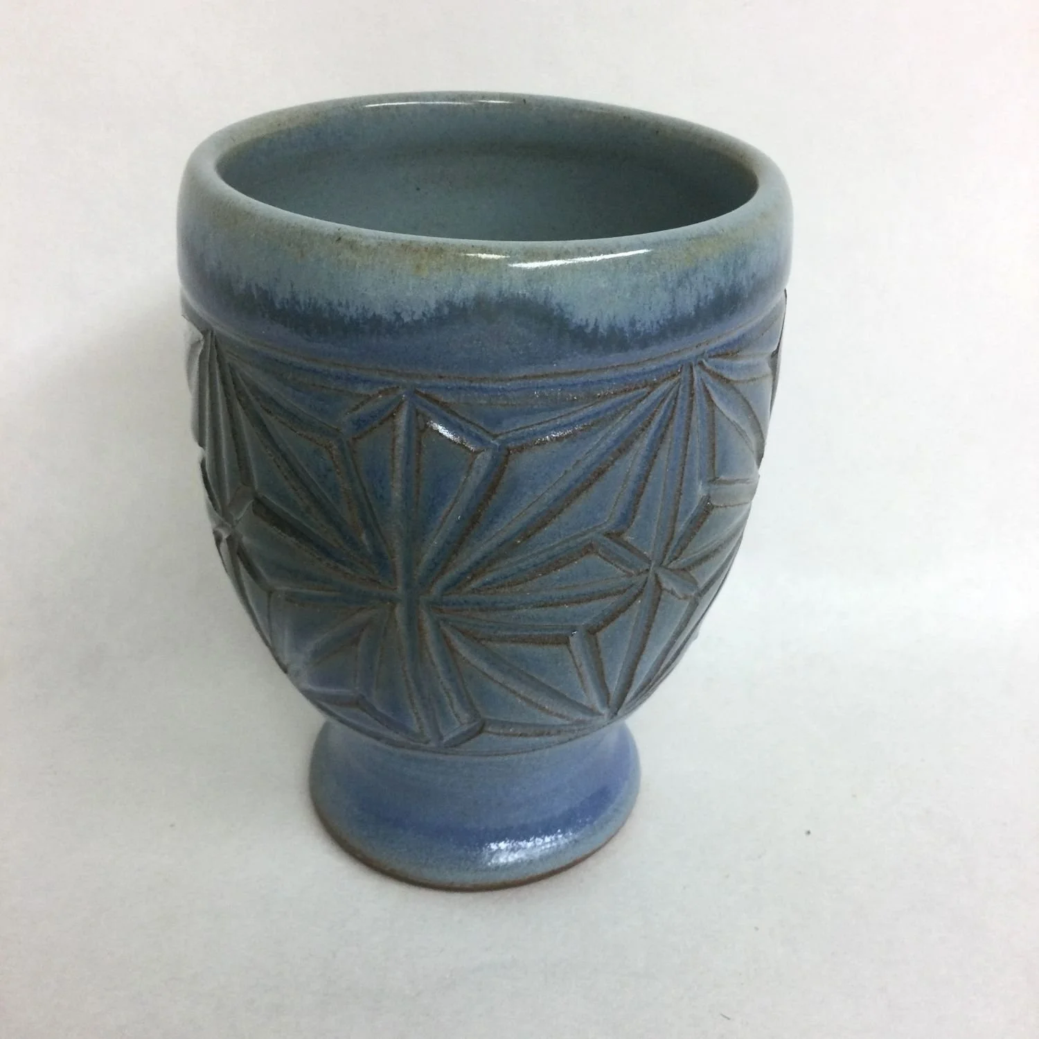 Kumiko Mountain Lakes Yunomi (#25.9.18), handcarved stoneware, 5 x 3.5 x 5 inches (13 x 9 x 13 cm), $45 Cdn.