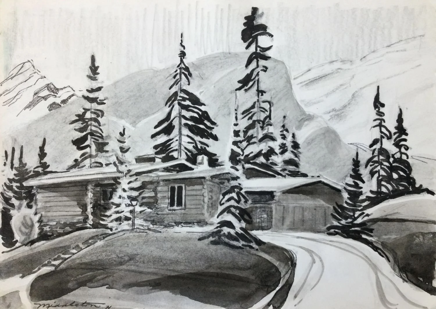 untitled (house in Banff / Stoney Mtn) #71-1, 1971, ink wash, ink, graphite/paper, 6.5 x 9 inches (16.5 x 23 cm), provenance: Banff Collection, framed, $675 Cdn.