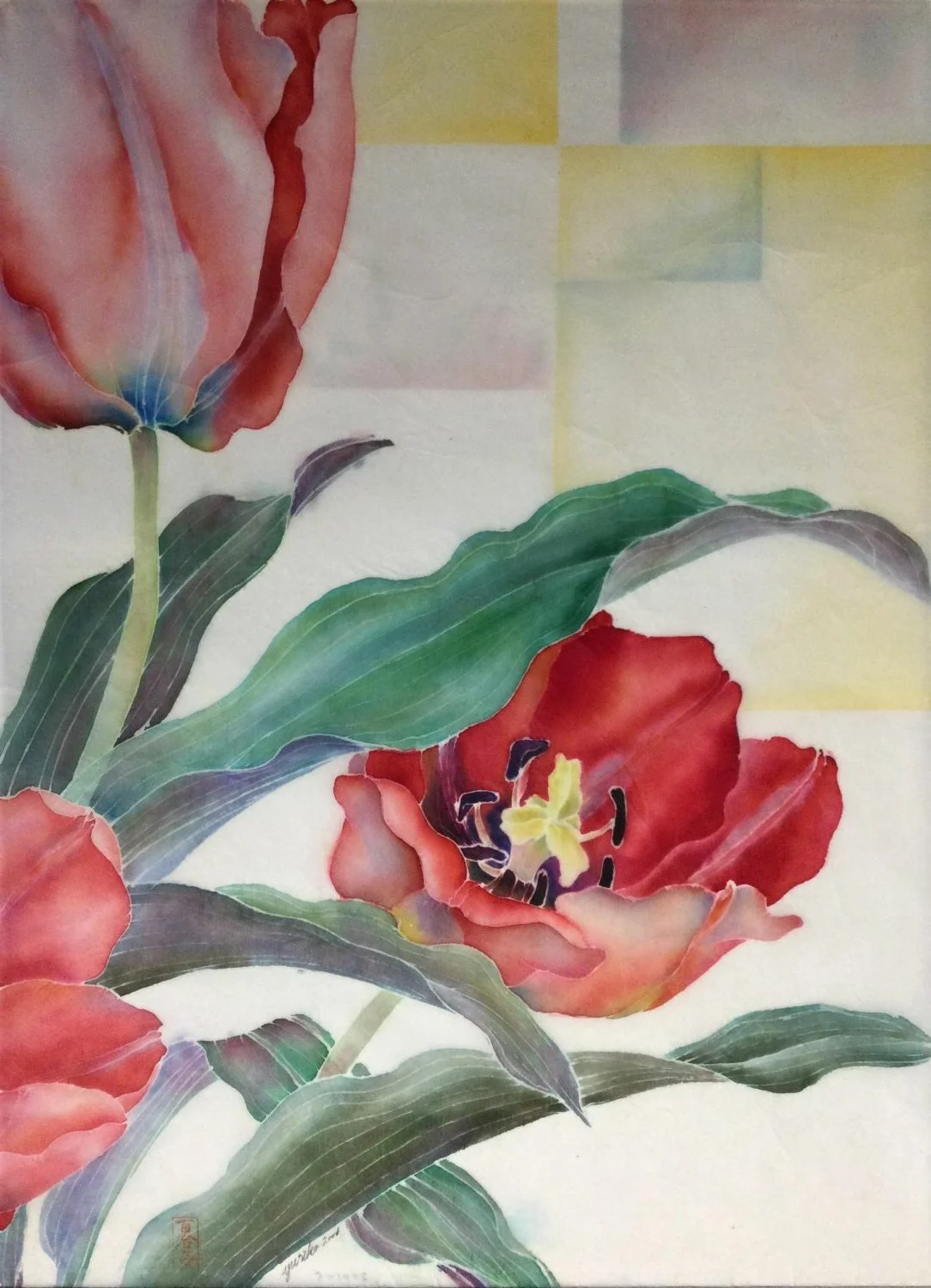 Tulips Peeking Out (#0102), 2001, mixed media (dye & watercolour) / sekishu 30 gm rice paper, 24 x 17 inches (61 x 43 cm), framed, $1500 Cdn.