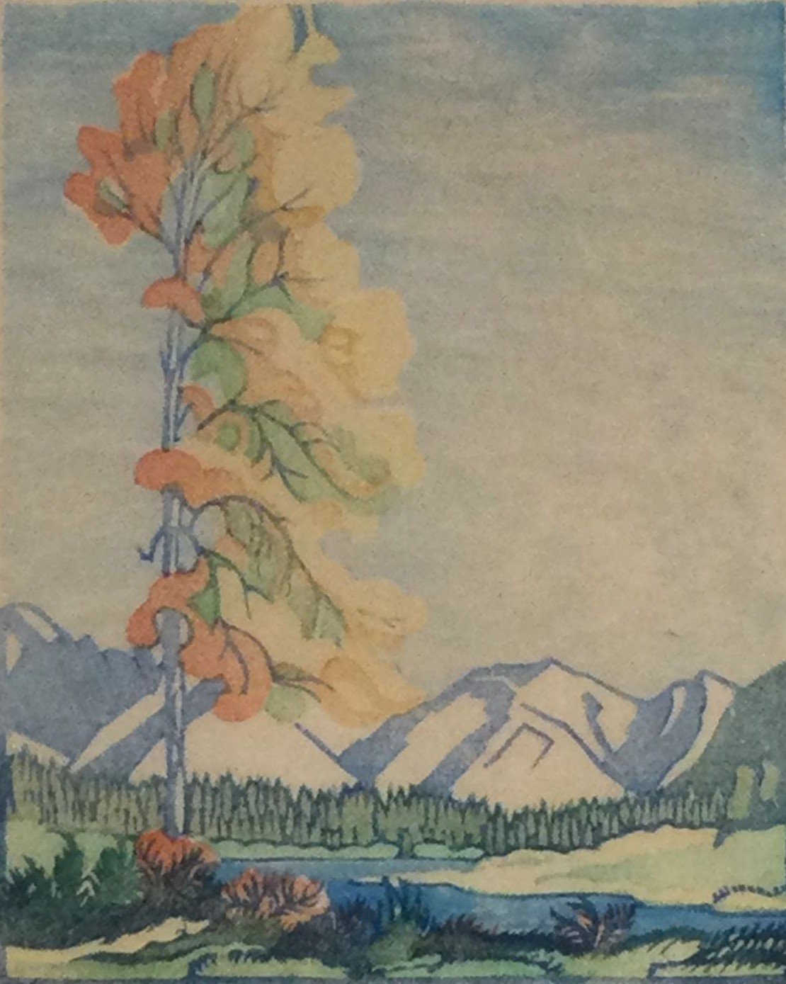 Yellow Poplar, Banff (#132G), 1952, ed.42/100, linocut and woodcut in six (6) colours, 5.25 x 4 inches (13 x 10 cm), blocks: six; one woodblock (fir), five linoblocks, condition: fair, provenance: BC Collection, framed, $1200 Cdn.