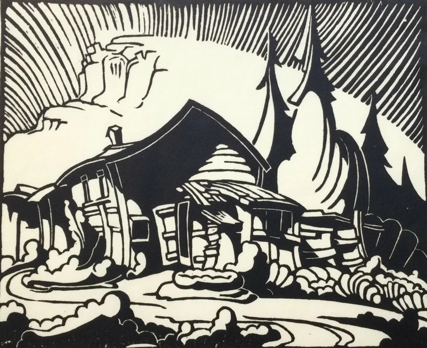 House in Banff (#2L, rare), 1937, linocut in one colour (black), 4.5 x 5.75 inches (11.4 x 14.5 cm), #2 in Patricia Ainslie, Margaret Shelton Block Prints 1935-1984, Glenbow Museum, 1985, provenance: BC Collection, framed (museum glass), $1950 Cdn.