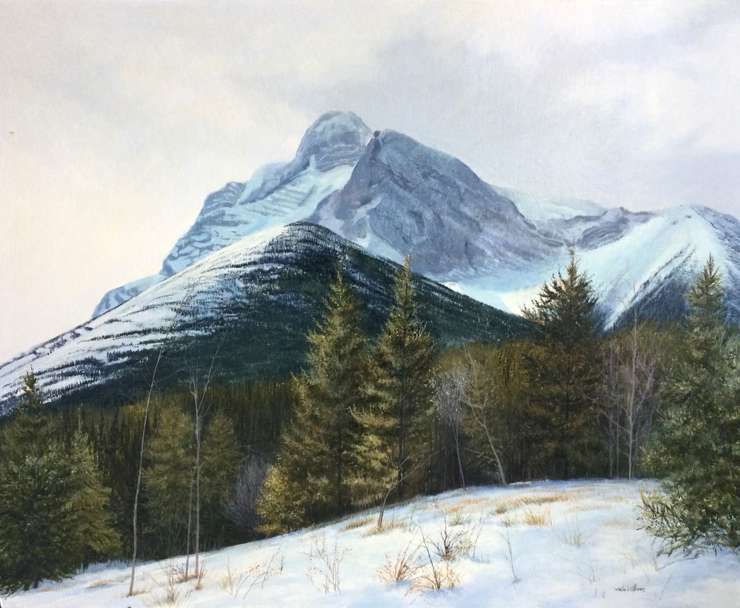 Winter Mountain, Kananaskis Valley (#A445/1589), c.1970s, oil/panel, 24 x 30 inches (61x76 cm), framed, provenance: private collection Calgary, a portion of the sale of this work is donated to the Calgary Foundation, $4400 Cdn.