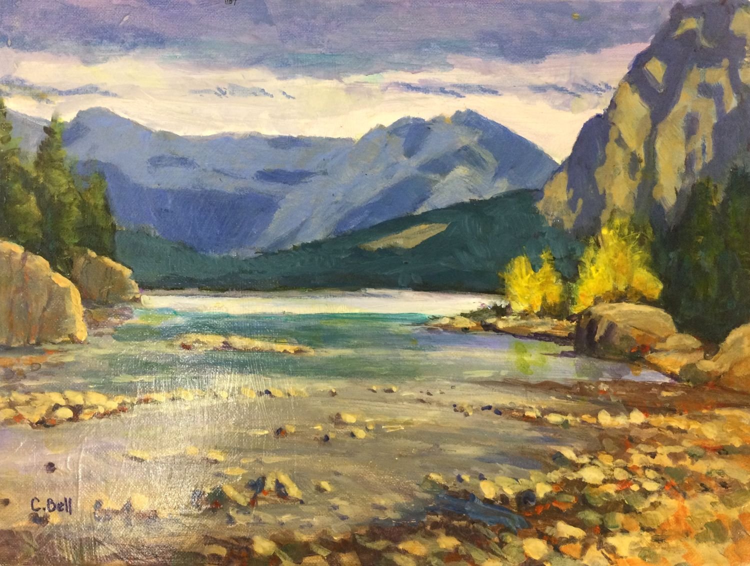 Bow River Below Bow Falls, acrylic on canvas panel, 12 x 16 inches (30.5 x 40.5 cm), framed, $550 Cdn.