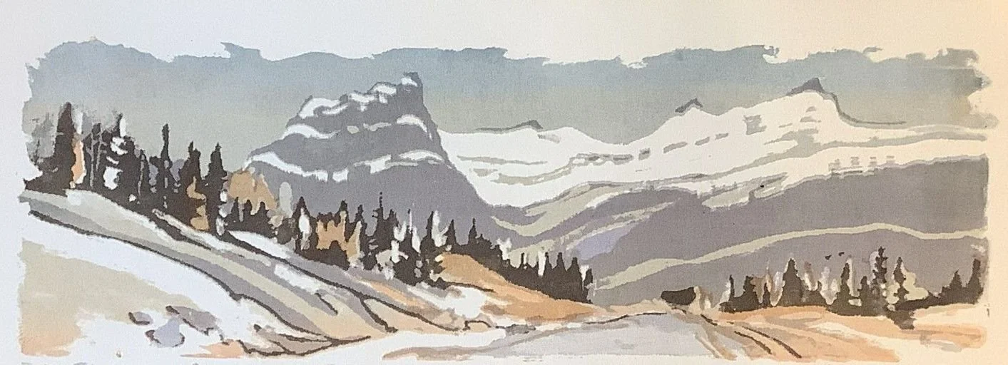 Mt. Eisenhower, Castle near Banff, pre-1956, serigraph, 3.5 x 8" (8.5 x 20.5 cm), framed, sold.