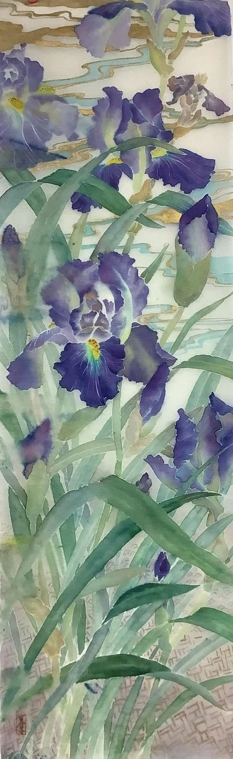 Irises (#24.12f), c.1996, mixed media (dye & watercolour) / sekishu 30 gm rice paper, 38 x 12 inches (96.5 x 30.5 cm), framed, $1800 Cdn.