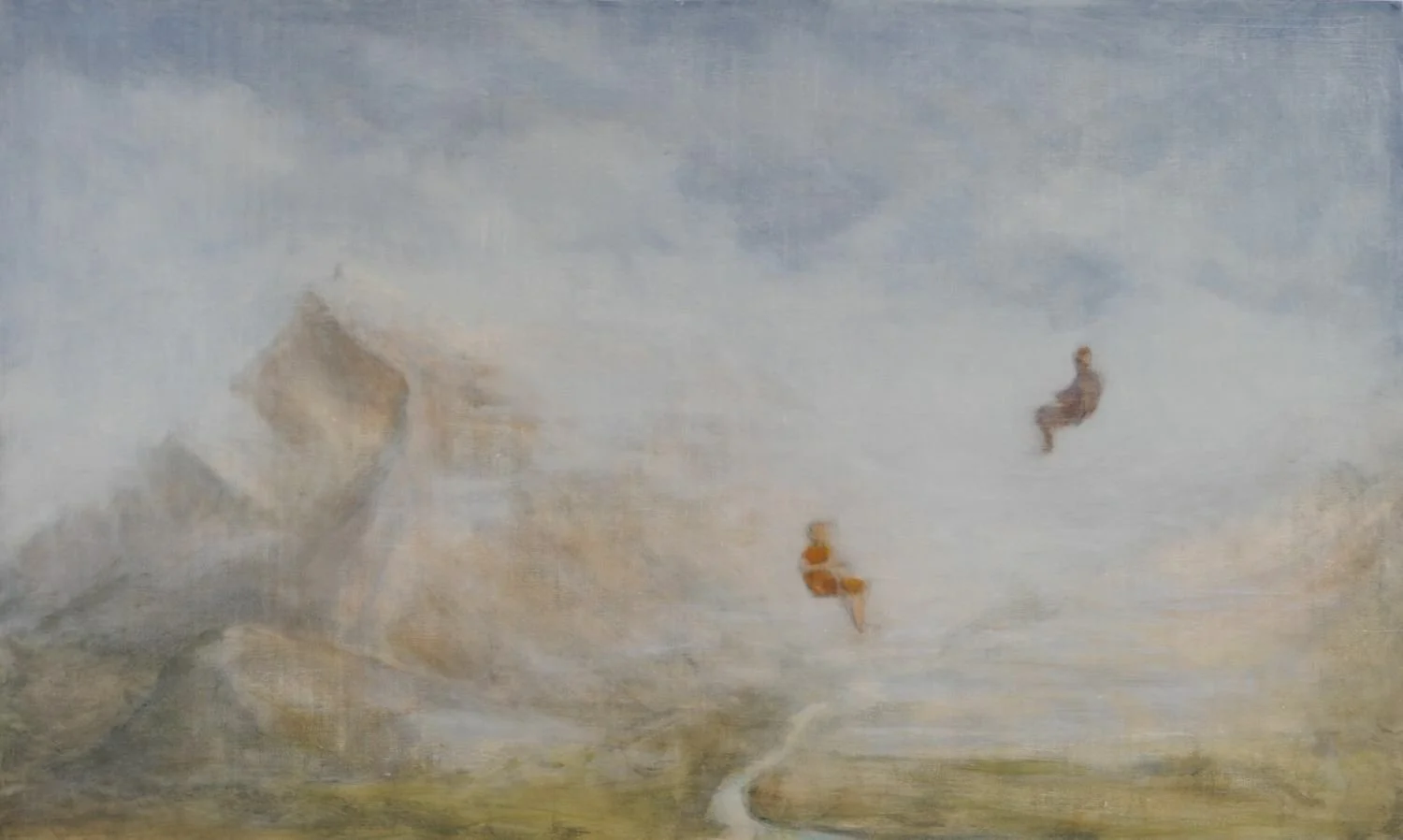 Levitas:  Couple Passing Mount Rundle (#25.2), 2025, oil on birch panel, 36 x 60 x 1.75" (91.5 x 152.5 x 4.5 cm), $4800 Cdn.