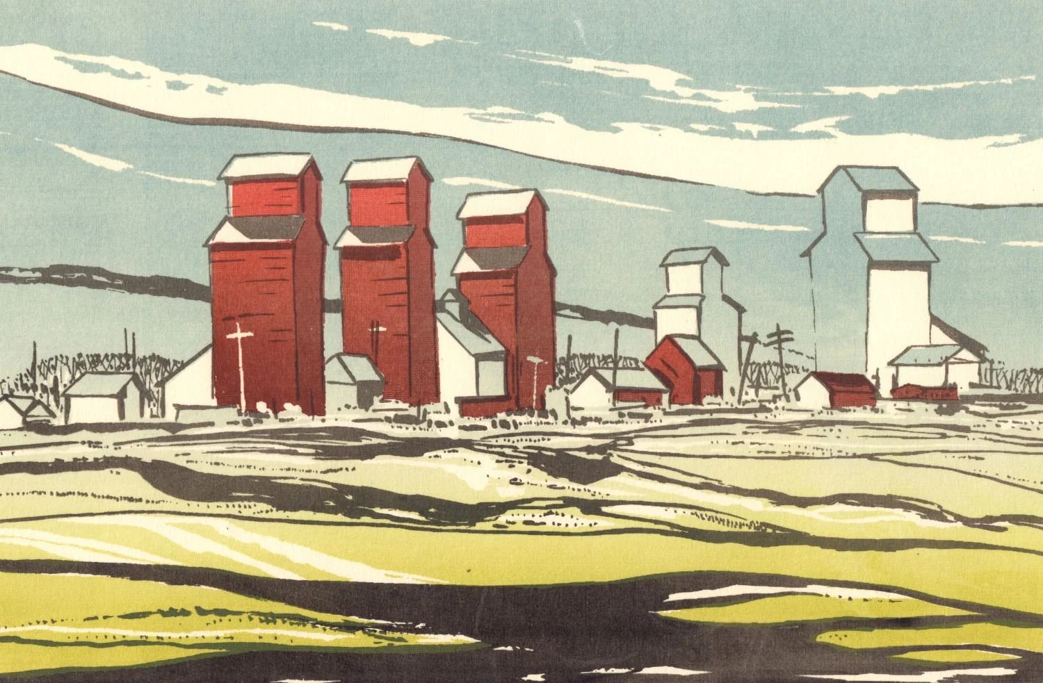 Grain Elevators, Radway, Alberta, 1967 (rare), serigraph on paper, 6 x 9 inches (15 x 23 cm), framed, $525 Cdn.