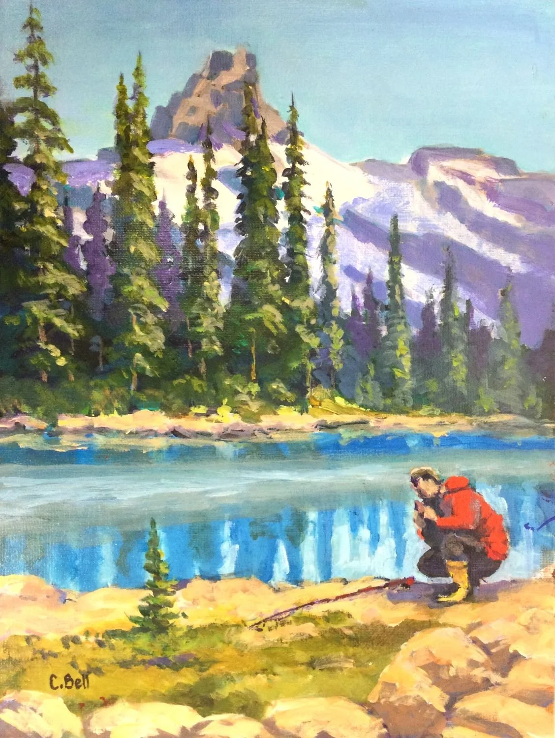 O'Hara Fly Fisherman, acrylic on canvas panel, 12 x 16 inches (30.5 x 40.5 cm), framed, $550 Cdn.