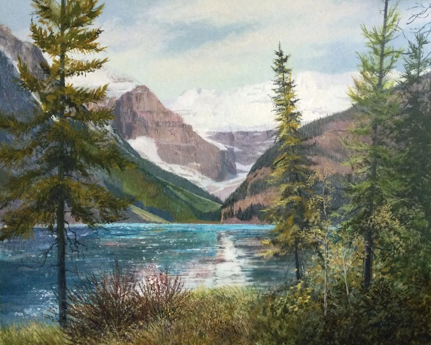 Lake Louise (#1583), c. 1989, oil/panel, 24 x 30 inches (61 x 76 cm), framed, provenance: private collection Calgary, a portion of the sale of this work is donated to the Calgary Foundation, $4400 Cdn.