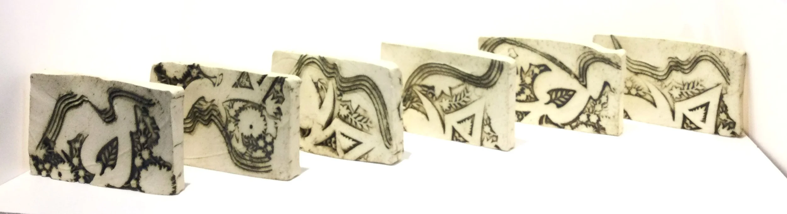 Impressed Slab(s), #25.21-6, 2025, stoneware, 7 x 4.25 x 1.75 inches (18 x 11 x 2 cm) each slab, $225 Cdn each (set of 6 slabs $1170 Cdn).
