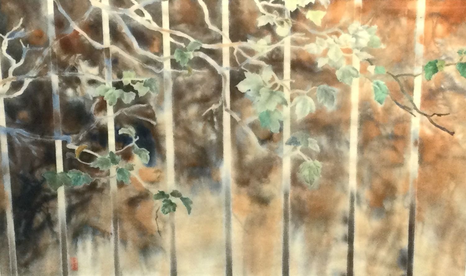 Shadows On The Fence (#66), c.1996, mixed media (dye & watercolour) / sekishu 30 gm rice paper, 20.5 x 32.25 inches (52 x 72.5 cm), framed, $1800 Cdn.