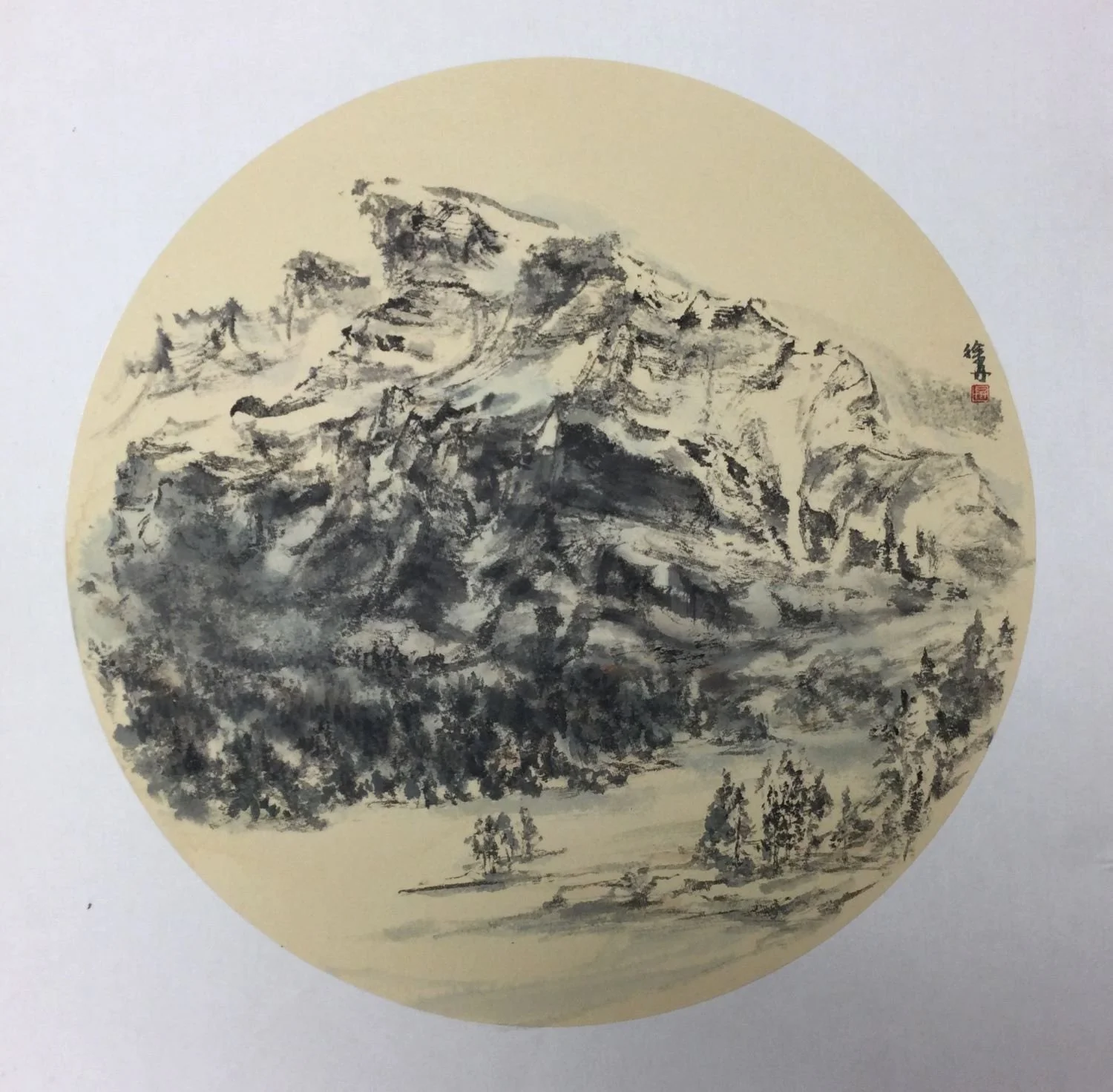 Rundle From Two Jack Lake - Tondo (#25.10), 2024, traditional Chinese handmade inks / silk, 19.5 x 19.5 inches (49.5 x 49.5cm), framed, sold.