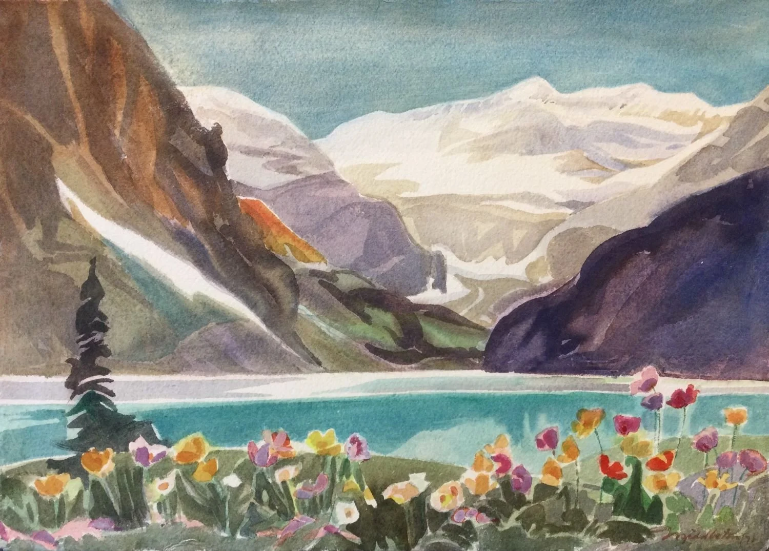 Lake Louise In The Spring, 1971, watercolour/paper, 15.5 x 22 inches (39x56 cm), l.r. signed and dated (Middleton 71), provenance: Banff Collection, sold.