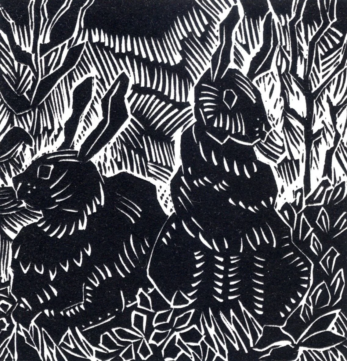 Rabbits (#168), 1991, ed.29/50, woodblock/paper, 4x4 inches (10x10cm), framed, $375 Cdn.