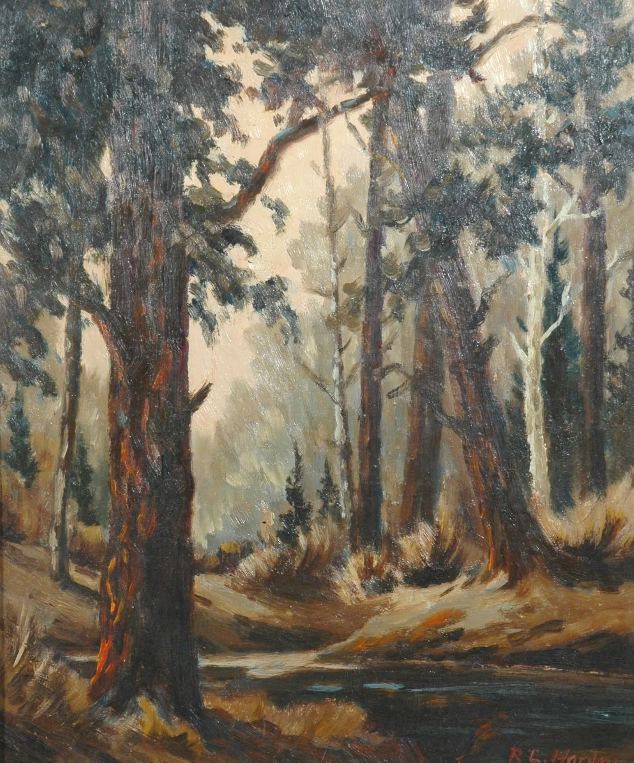 Forest, n.d., oil on panel, 11.75 x 10 inches (30 x 25.5 cm), l.r. signed (RL Harvey), provenance: artist's estate, original frame, sold.