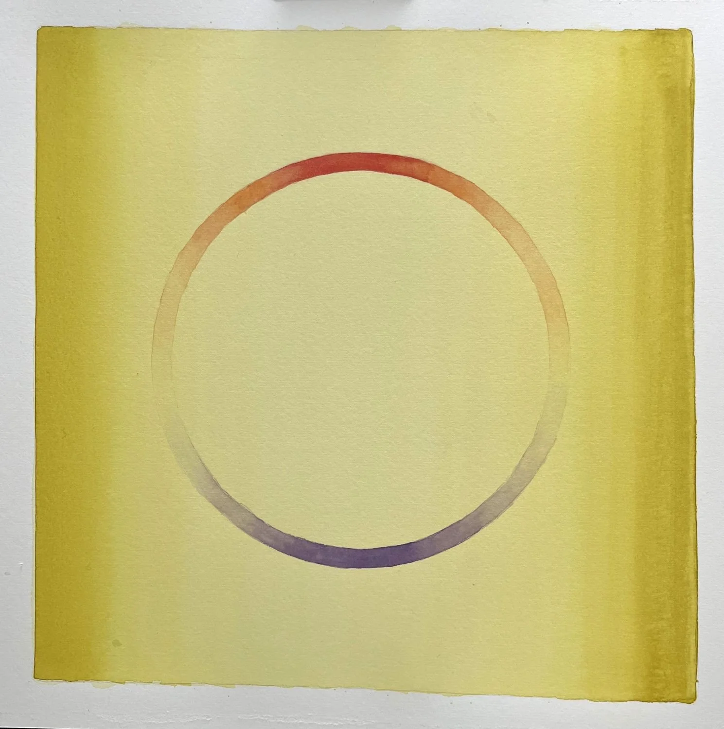 Contemplation Series (25.9) - Orange & Purple Circle, 2025, watercolour on paper, 13 x 13 inches (33 x 33 cm), framed (outside measurement 26x21 inches/66x54 cm), $1275 Cdn.