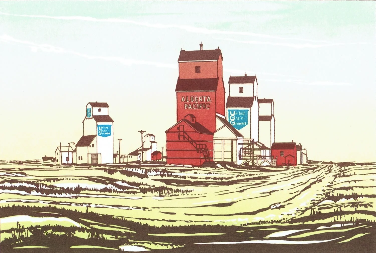 Elevators, Radway, Alberta, 1974, serigraph/paper, 6x9 inches (15 x 23), framed, $525 Cdn.