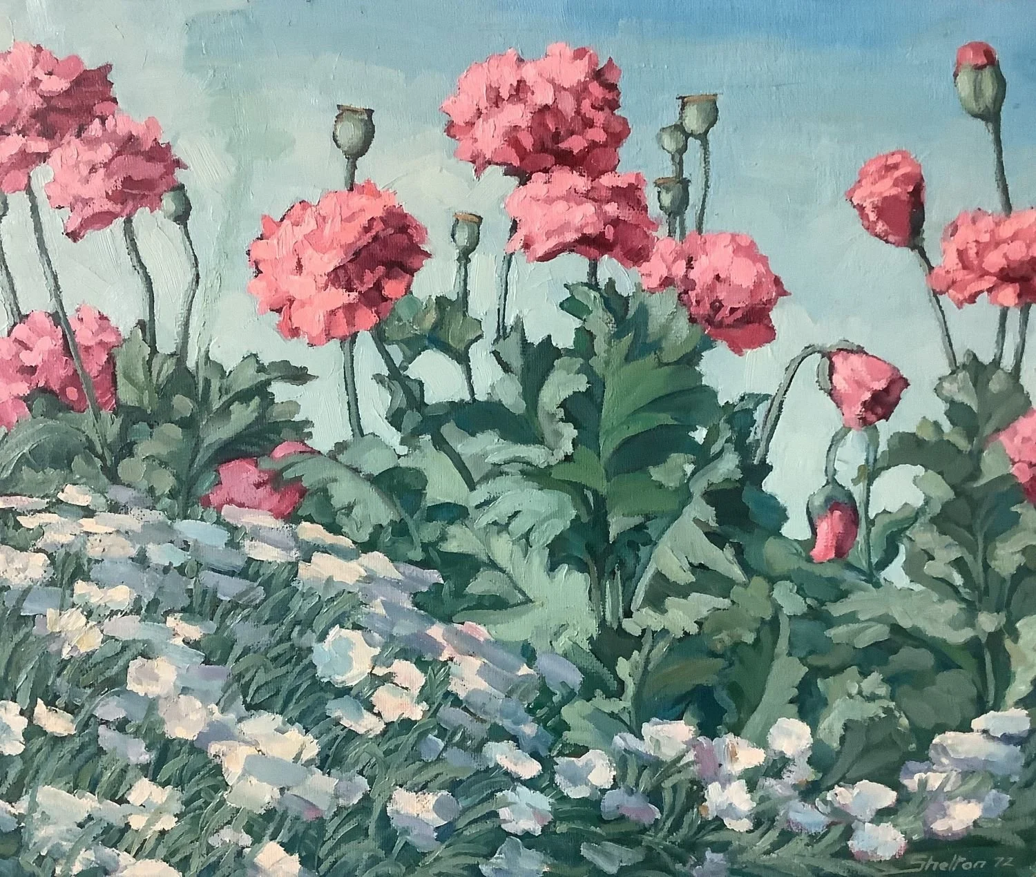 Poppies & Dianthus, 1972, oil on panel, 20x24 inches (51 x 61 cm), signed & dated l.r., provenance: artist's estate, framed, $2500.00 Cdn.