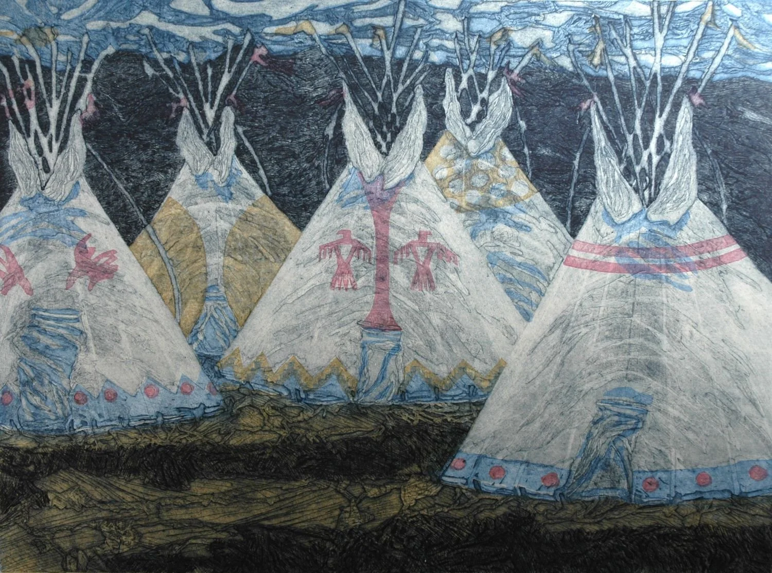 Night Tipis, 1986, edition 30, etching and woodblock on paper, 17.5 x 23.5 inches (44.5 x 59.5 cm), framed, $1425 Cdn...a master of pattern and design, in the mid 1980s D. Helen Mackie was interested in the play of form, light, and colour when you lo