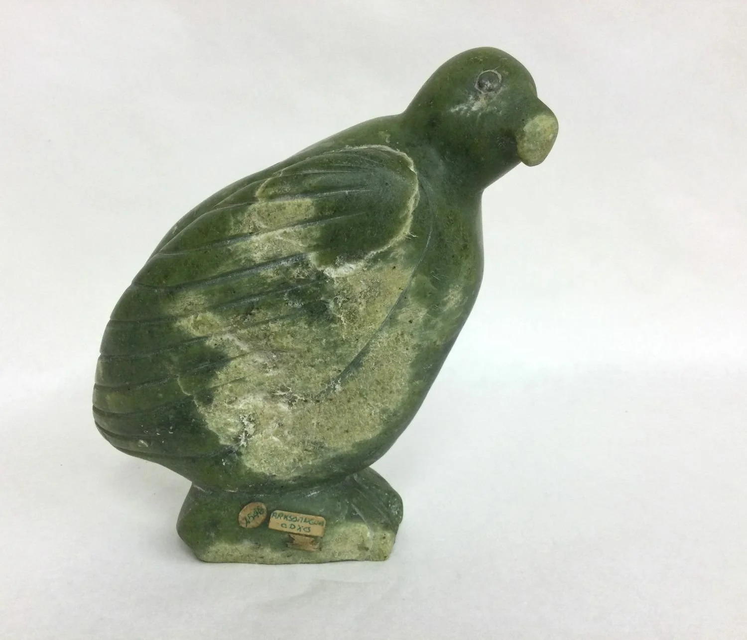 Aqjangajuk Shaa RCA (E7-1065) ᐊᔭᒐᔪ ᓴᐊ (1937-2019) Kinngait/Cape Dorset, ᑭᙵᐃᑦ, Owl With Curved Beak (#25.9.3), 1969, serpentine, 9 x 4.75 x 4.5 inches (23 x 12 x 11.5 cm), provenance: private collection BC, $1500 Cdn.