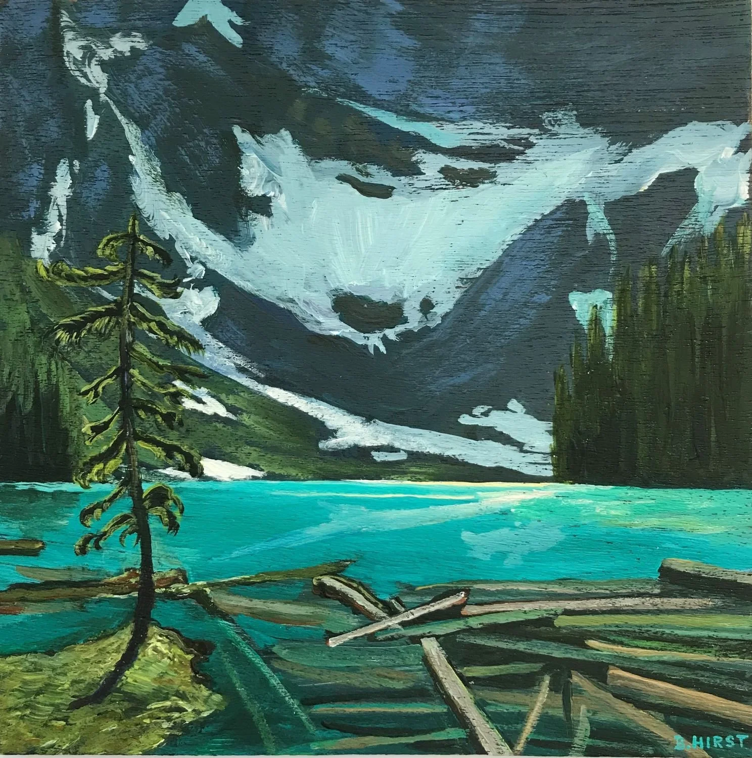 On Rawson Lake (25.6), acrylic/mahogany panel, 9x9 inches (23x23 cm), sold.