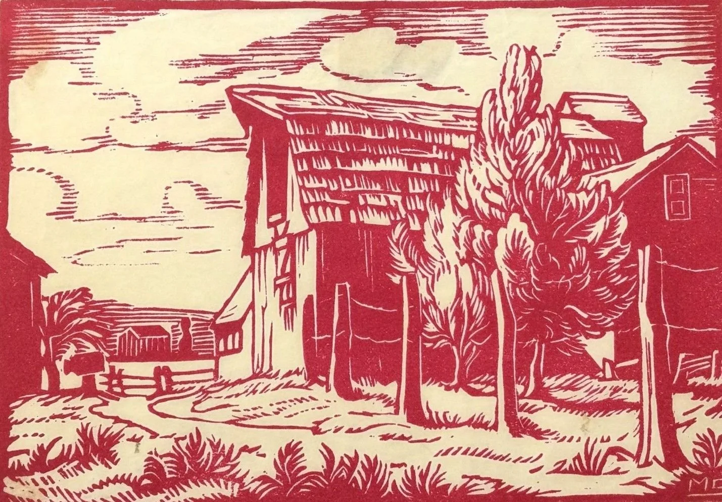 Barn At Mission, BC (#148L), 1972, linocut on paper (red), 4.75 x 6.5 inches (12 x 16 cm), provenance: BC Collection, condition: fair, $700 Cdn.