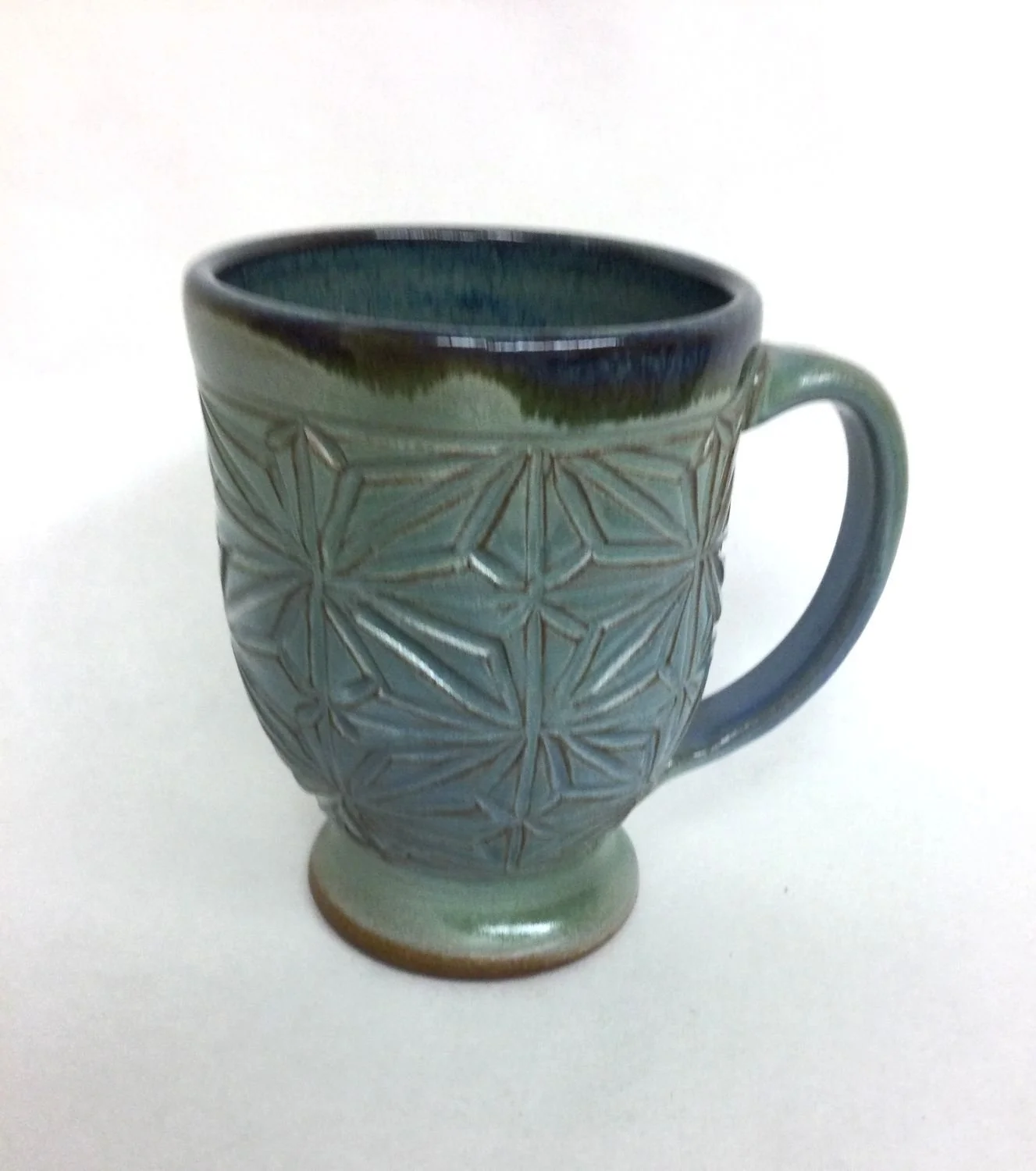 Kumiko Blue Sky Mug (#25.9.11), handcarved stoneware, 5 x 3.5 x 5 inches (13 x 9 x 13 cm), $50 Cdn.