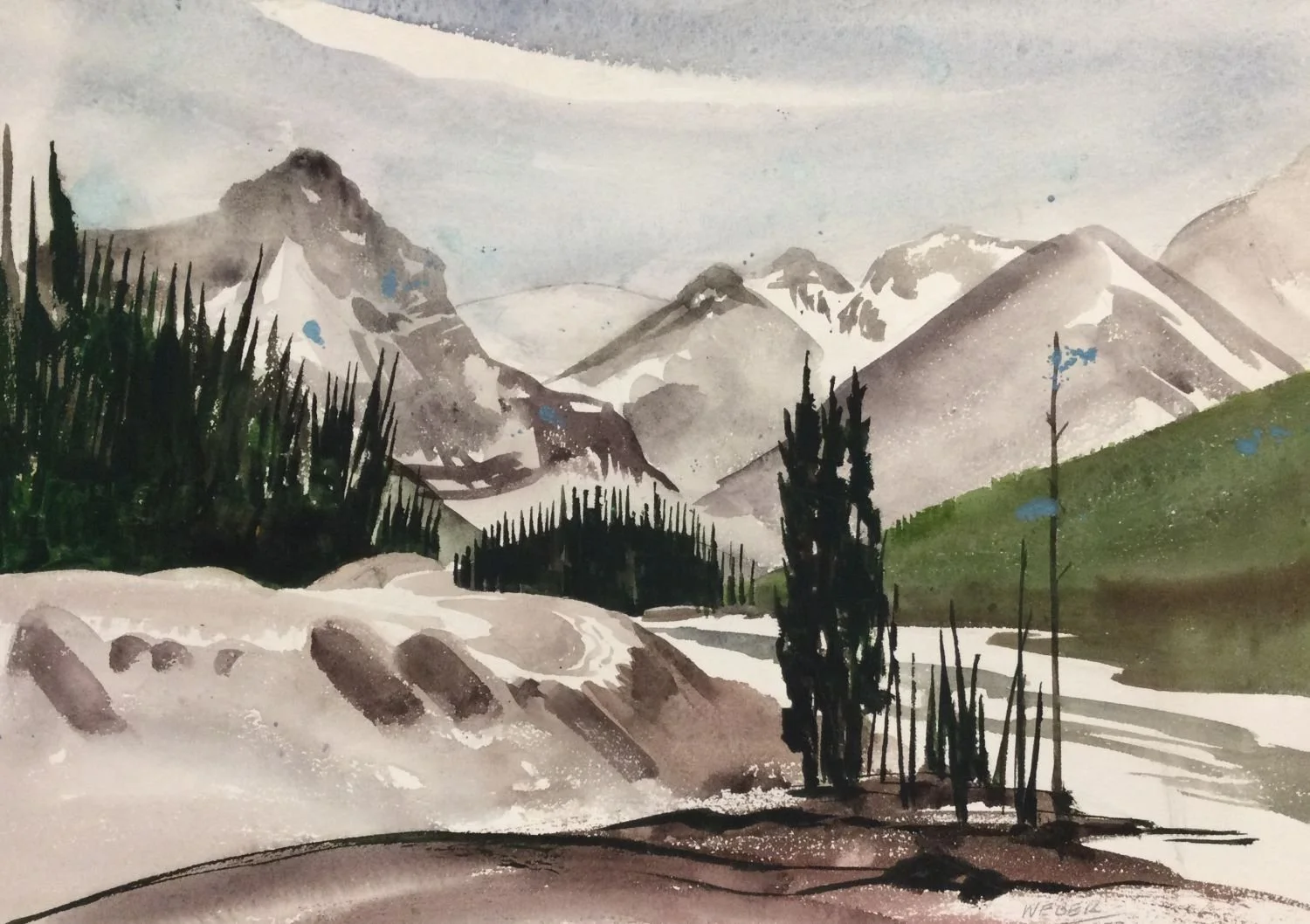 Along Sunwapta Valley, near Sunwapta Falls, 1953, watercolour on paper, 9.5 x 13.5 inches (23 x 38 cm), framed, $650.00 Cdn.