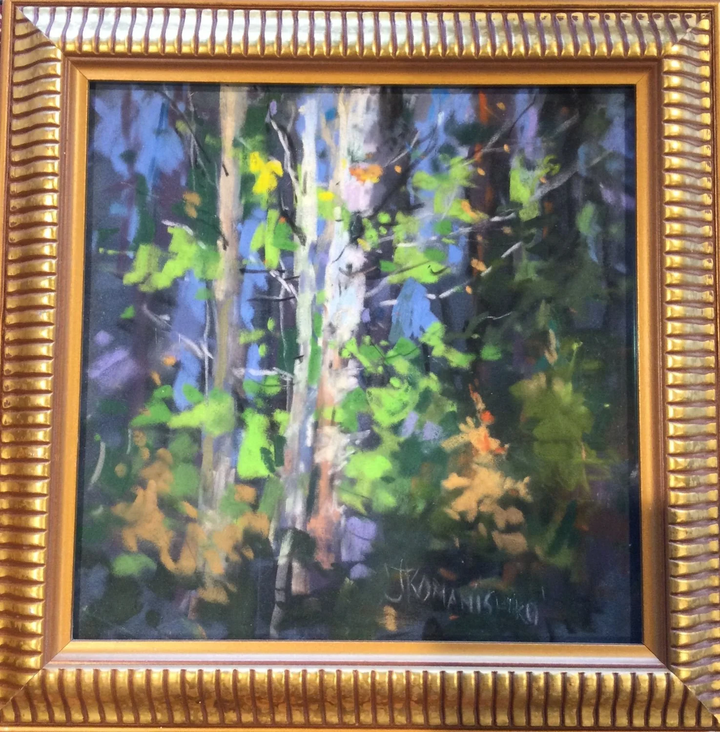 Spring In The Woods (#25.5), 2025, pastel on paper,  8x8 inches (20 x 20 cm) - outside framed measurement 10 x 10 inches (25.5 x 25.5 cm), $350 Cdn.