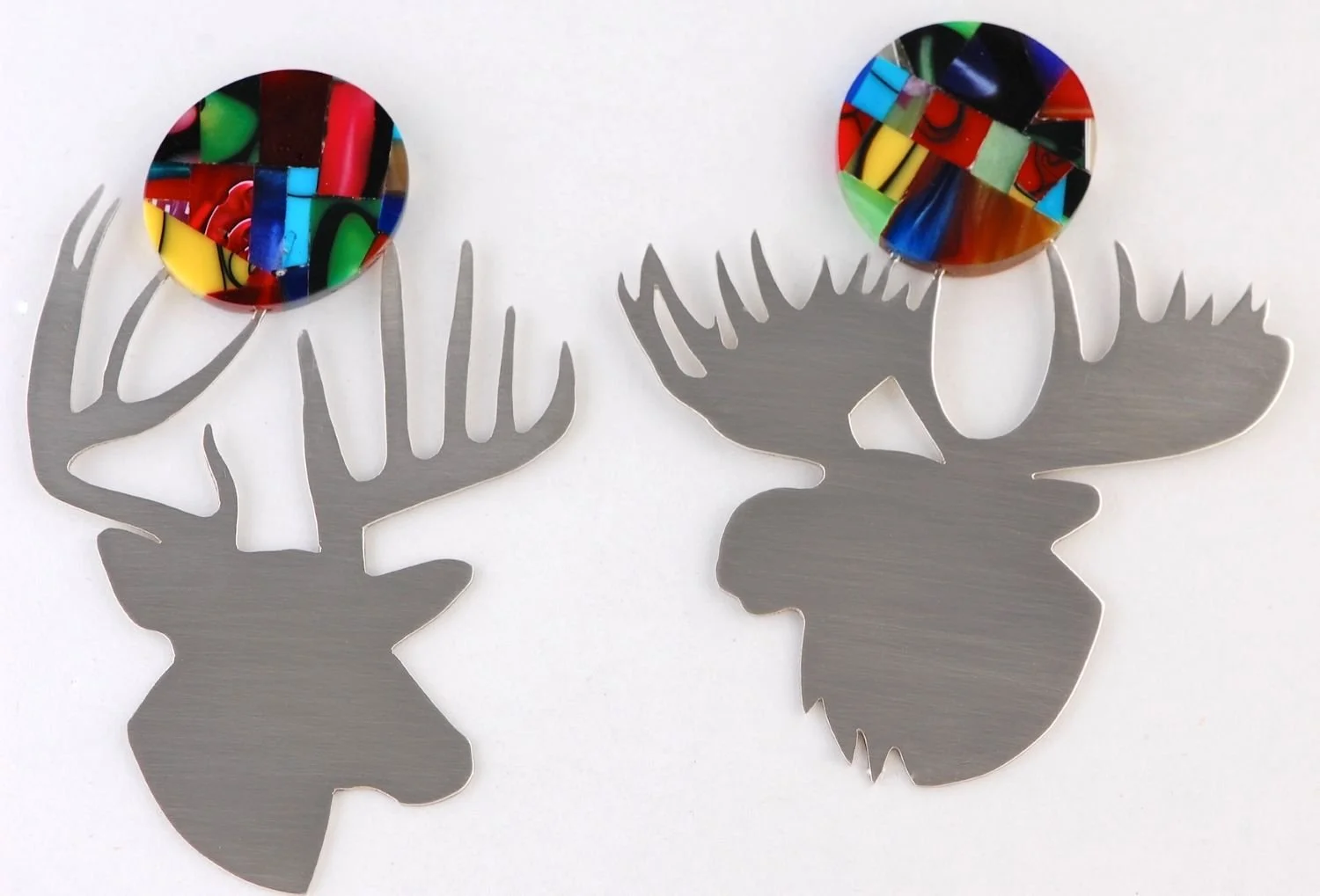 Heads Up Earrings, Canadian Mosaic Series (#JDA15), 2011, sterling, acrylic acetate, Deer (3.25 x 2 x .5 inches / 7.9 x 5.1 x 1.4 cm), Moose (2.75 x 2.5 x .5 inches / 7.4 x 6.5 x 1.4 cm), $450 Cdn.