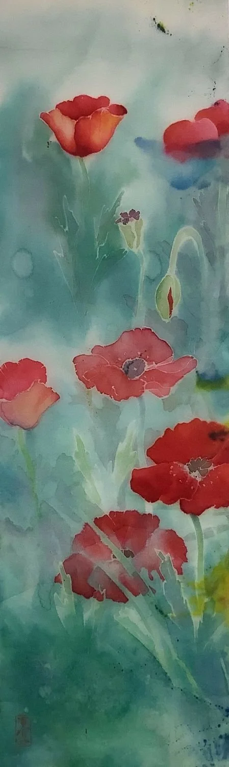 Red Poppies (#24.11.2f), c. 1996, mixed media (dye & watercolour) / sekishu 30 gm rice paper, 24 x 7 inches (61 x 18 cm), framed, $1100 Cdn.