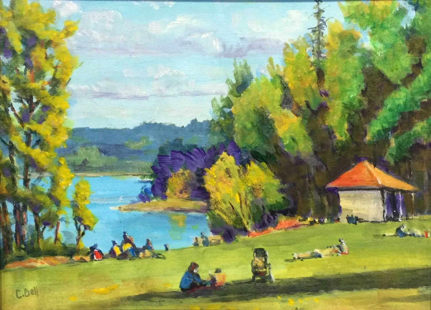 Summer Afternoon, Bowness Park, acrylic on birch, 12 x 16" (30 x 40.5 cm), framed, $550 Cdn.