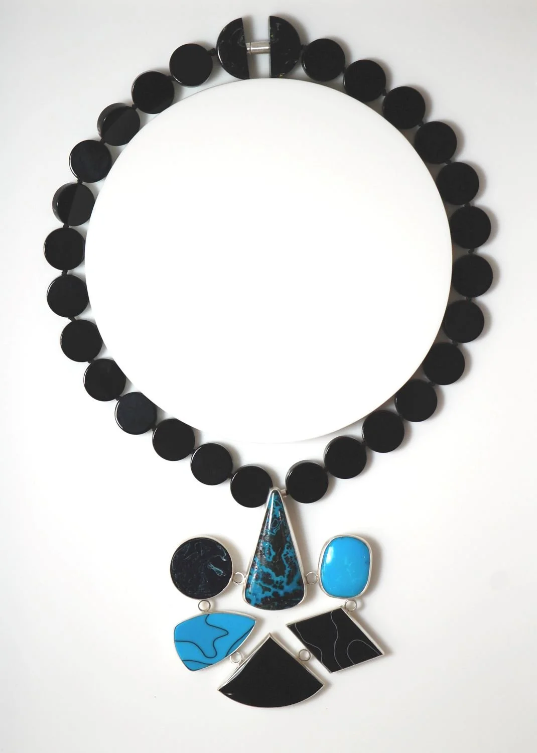 Black & Blue Neckpiece (JDA06a), 2010, sterling, chrysocolla, onyx, turquoise, bakelite, acrylic acetate, rare earth magnets, 11.5 x 19 x .5 inches (29 x 7.5 x 1.2 cm), $1200.00 Cdn.