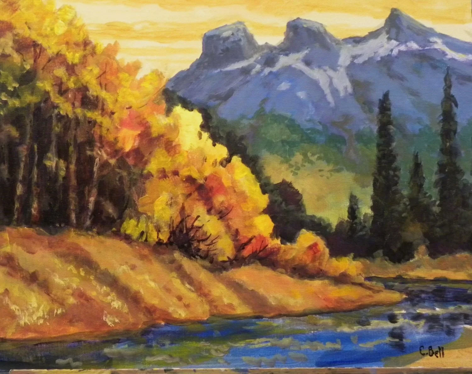 Cougar Creek & Three Sisters, acrylic on canvas panel, 16 x 20" (40.5 x 51 cm), sold.